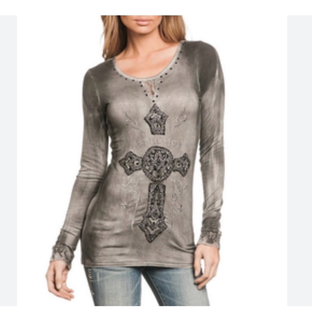 VTG Affliction Size XL Gray Rhinestone Grunge Long Sleeve Cross Lace Y2K Casual